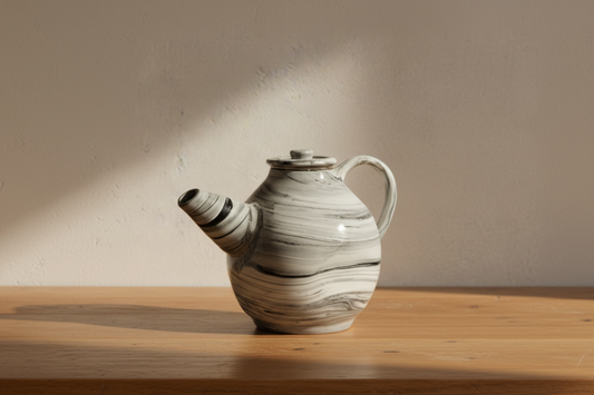 Ceramic teapot with striped design on a beige surface and background